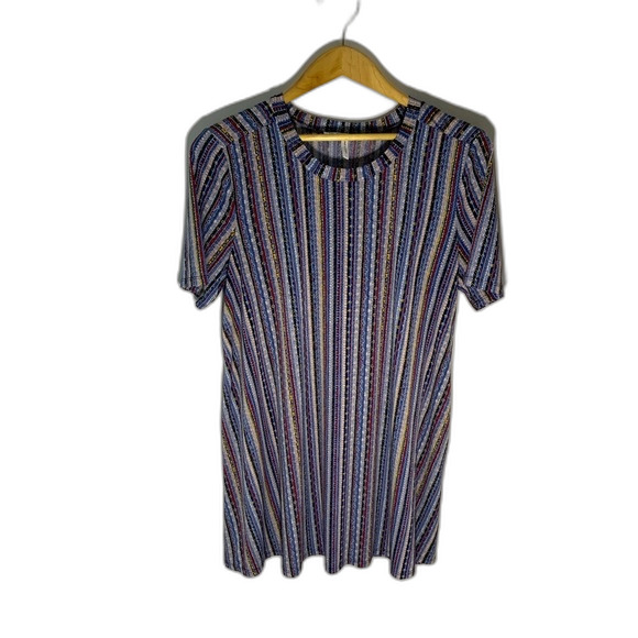 BCBGeneration Blue Multicolored Striped Short Sleeve A-Line Mini Dress Size L - Picture 2 of 12